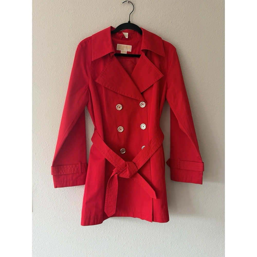 Michael Kors Womens Trench Raincoat Jacket Lined Red Size Large Mid Length